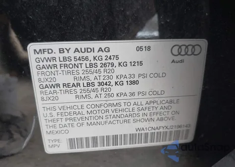 2018 Audi Q5 2.0T Premium/2.0T Tech Premium z USA, uszkodzony, nr VIN WA1CNAFYXJ2196143
